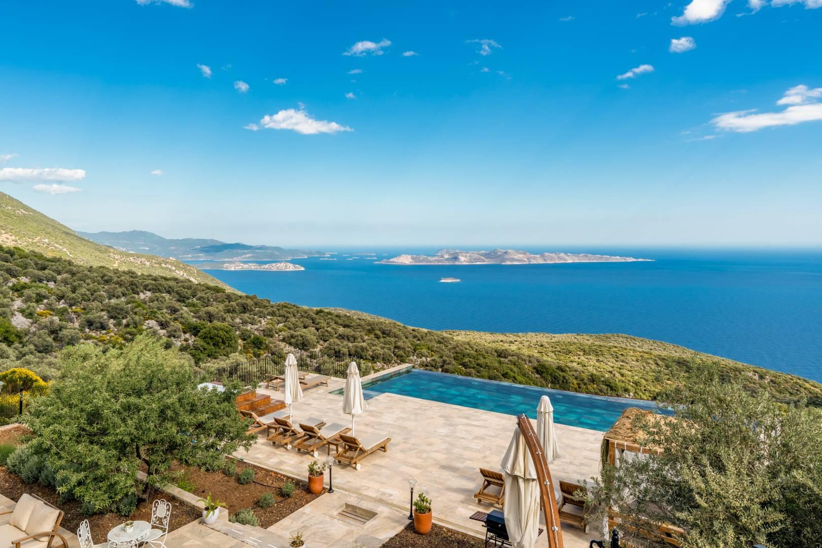 Kaş Sarıbelen'de Deniz Manzaralı, Sonsuzluk Havuzlu, Lüks Taş Villa-43454